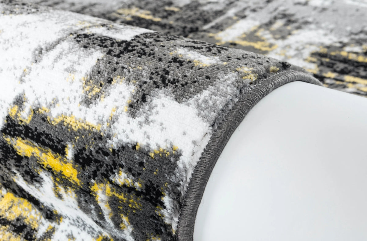 Black Yellow Gray White Distressed Geometric Abstract Rug Y10069