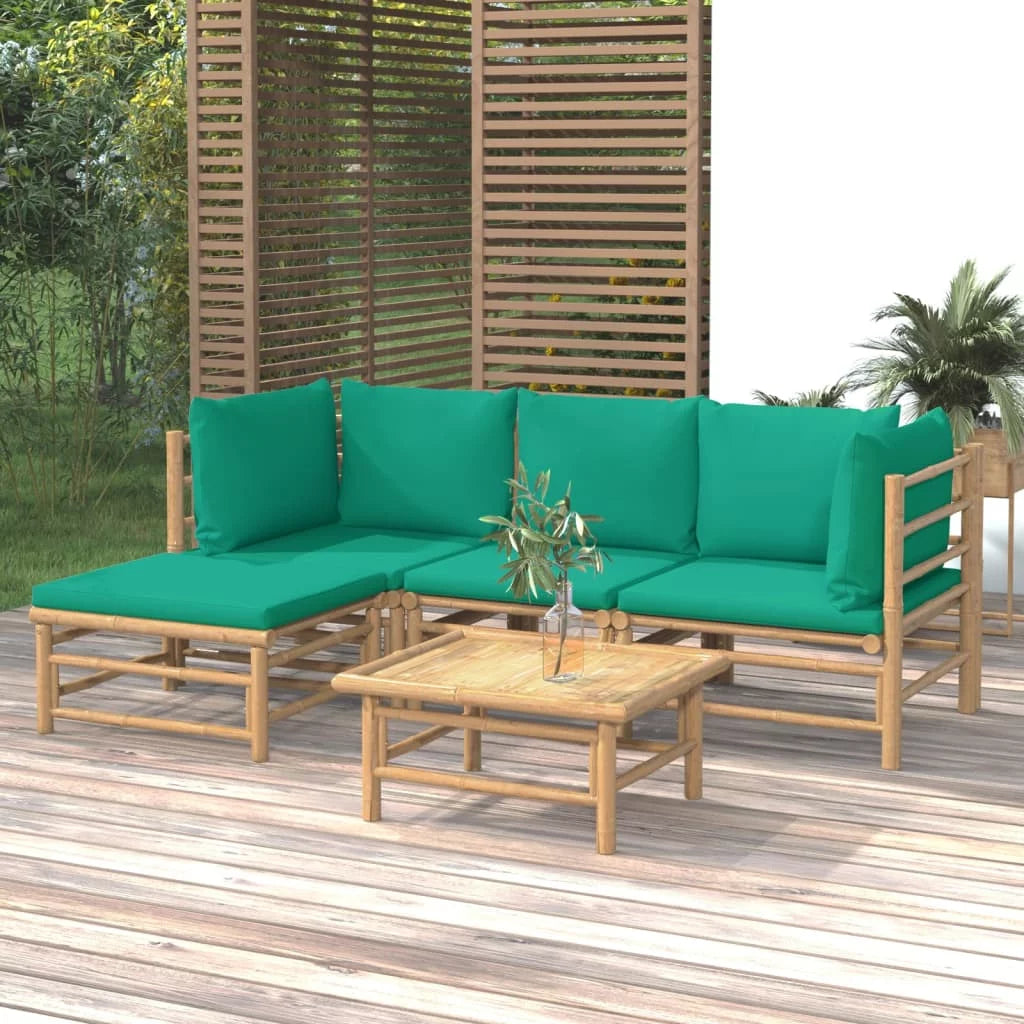 5 Piece Patio Set with Green Cushions Bamboo W664064