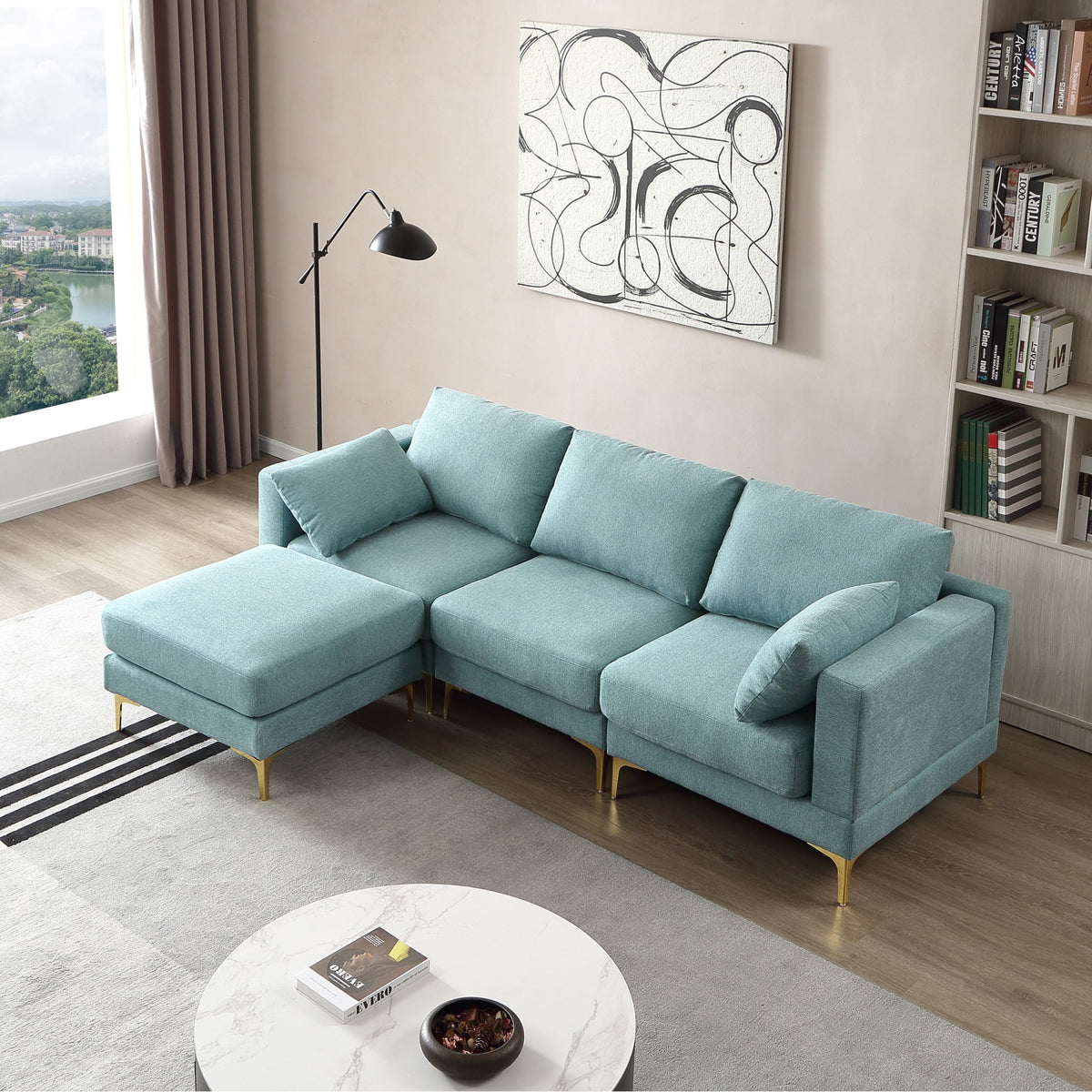 L Shape Turquoise Fabric Couch M18470