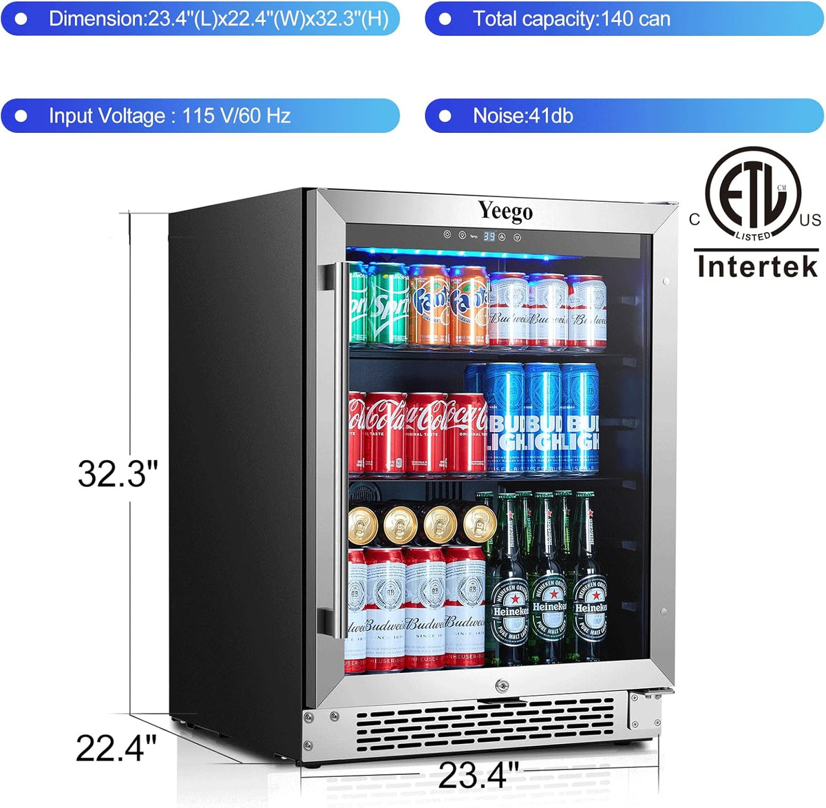 24'' 140 can Stainless Steel Beverage Refrigerator with Reversible Double-Layer Tempered Glass Door W509502