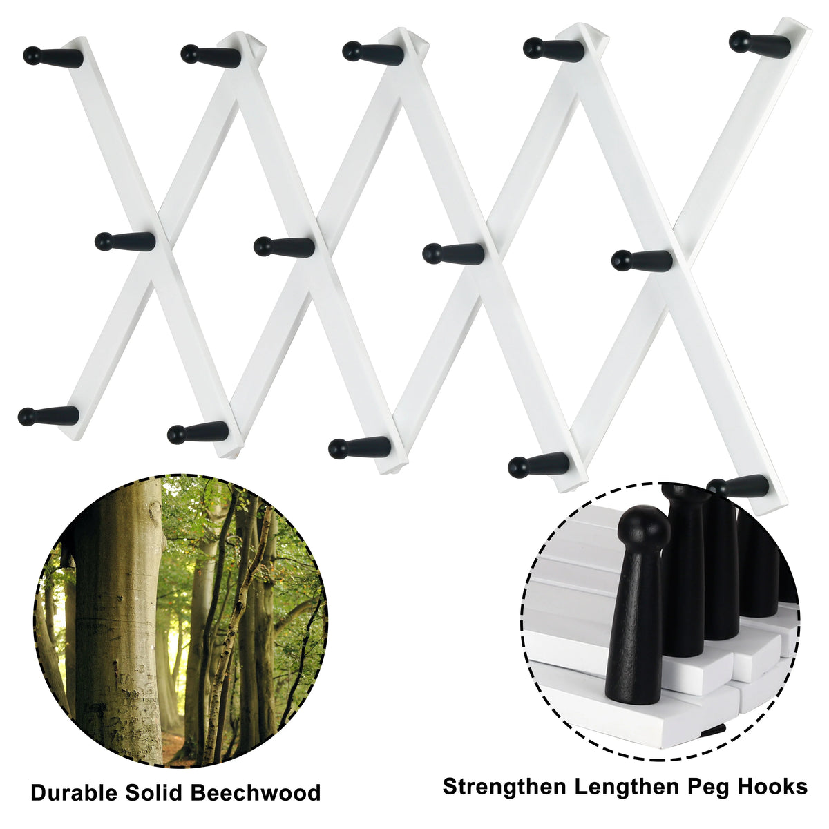 White 14 Pegs Wooden Expandable Coat Rack W74339