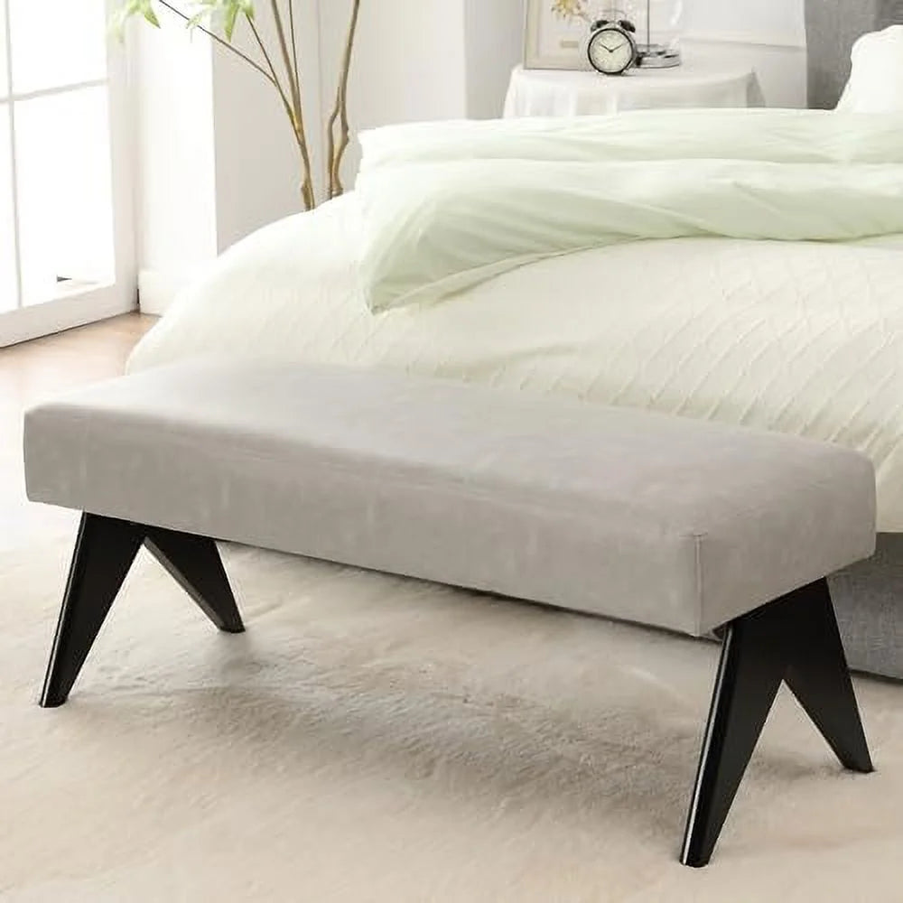 White Upholstered Ottoman Bench with Wood Legs O74346