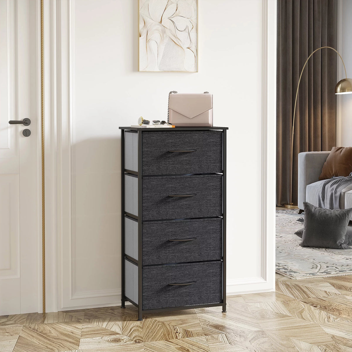 4 Drawers Dresser Storage Tower Black Grey X9955