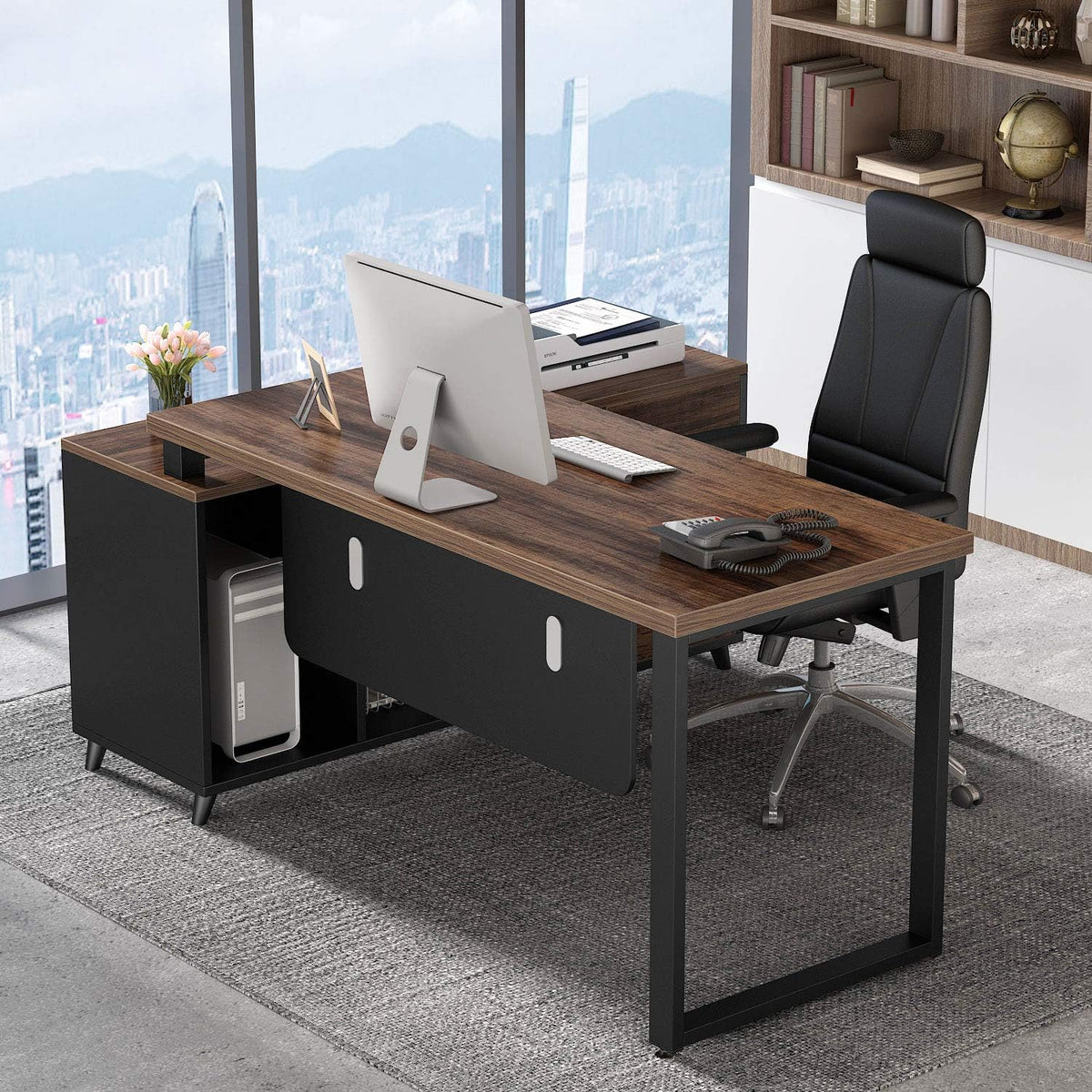 55 Inch L-Shaped Computer Desk with Drawers and File Cabinet X505489