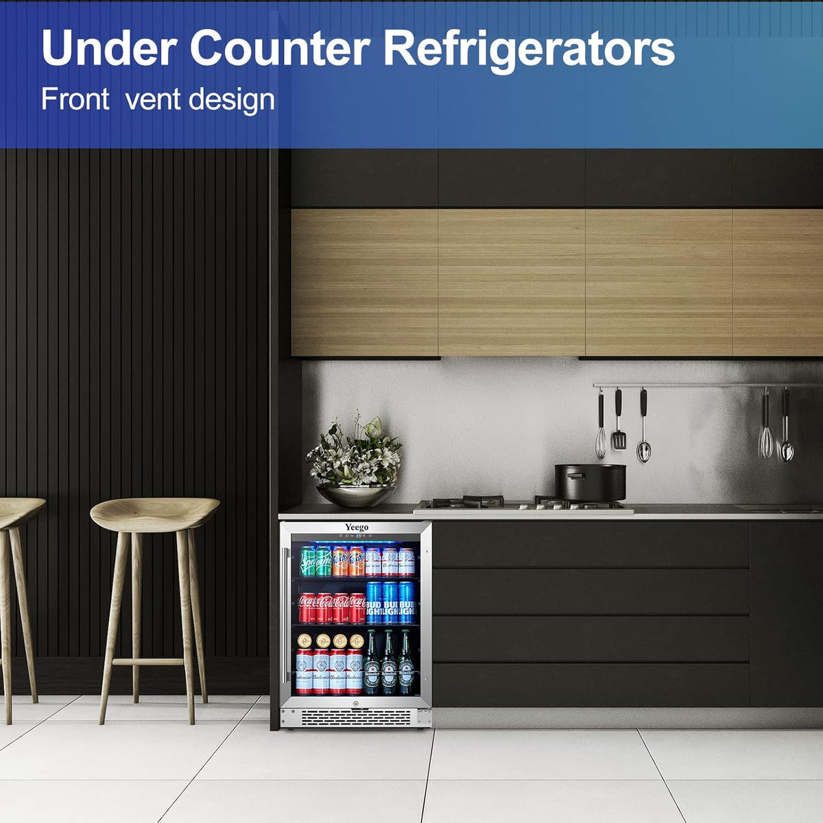 24'' 140 can Stainless Steel Beverage Refrigerator with Reversible Double-Layer Tempered Glass Door W509502