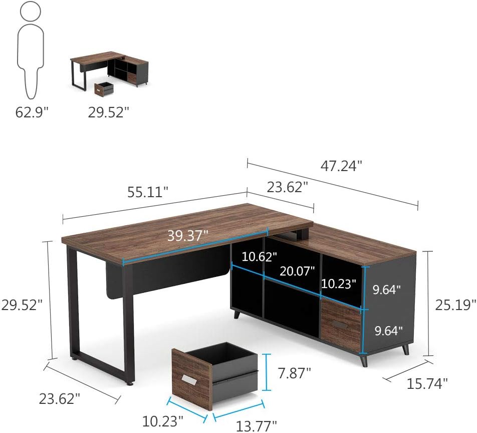55 Inch L-Shaped Computer Desk with Drawers and File Cabinet X505489