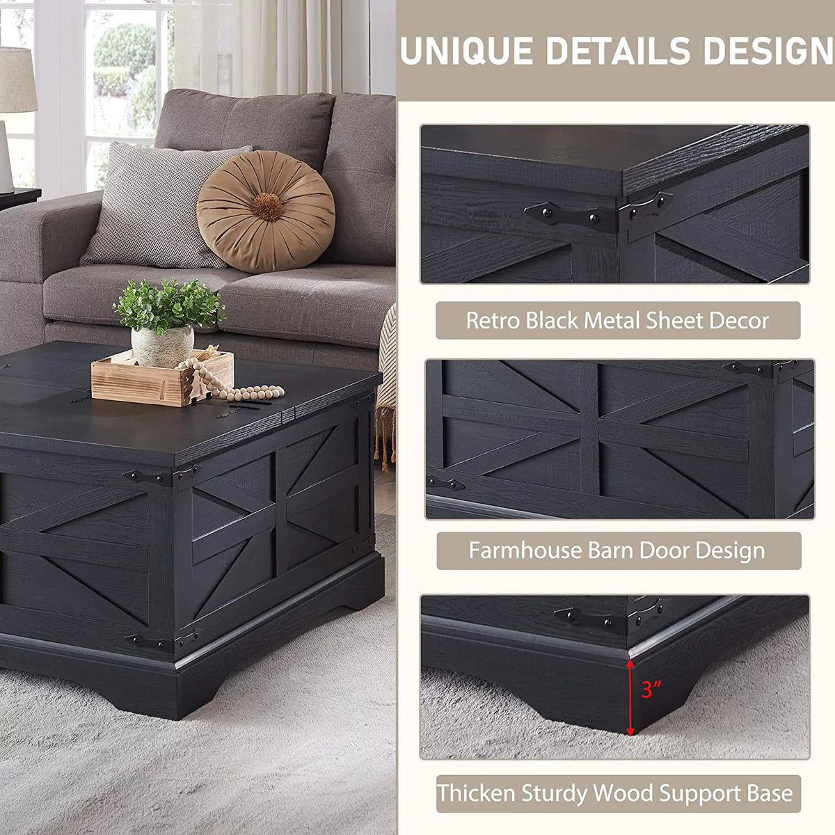 Black Square Wood Lift Top Coffee Table with Storage N76719