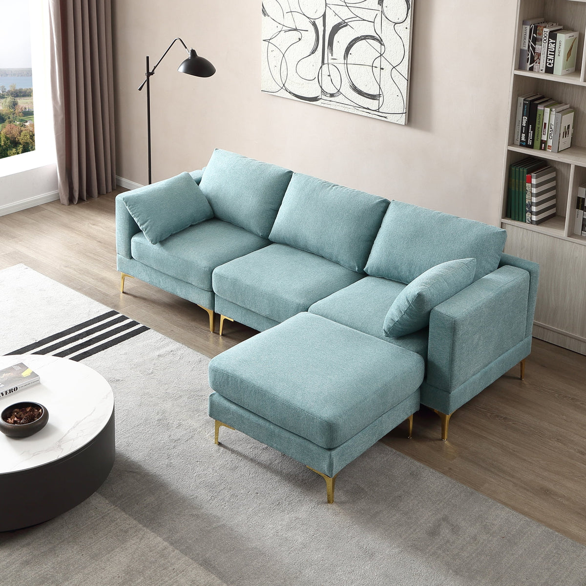 L Shape Turquoise Fabric Couch M18470