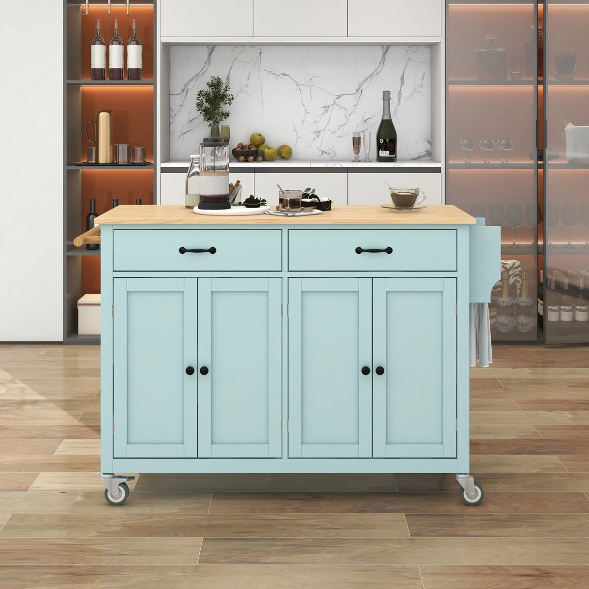 2-Drawer Rolling Kitchen Island Cart with Solid Wood Top & Door Cabinets Mint Green V816626