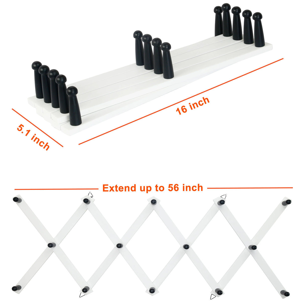 White 14 Pegs Wooden Expandable Coat Rack W74339