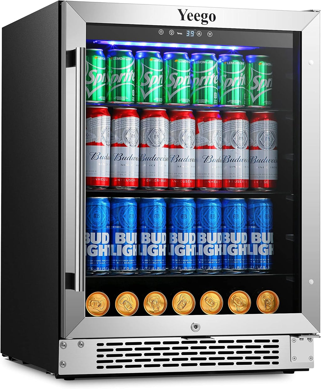 24'' 140 can Stainless Steel Beverage Refrigerator with Reversible Double-Layer Tempered Glass Door W509502