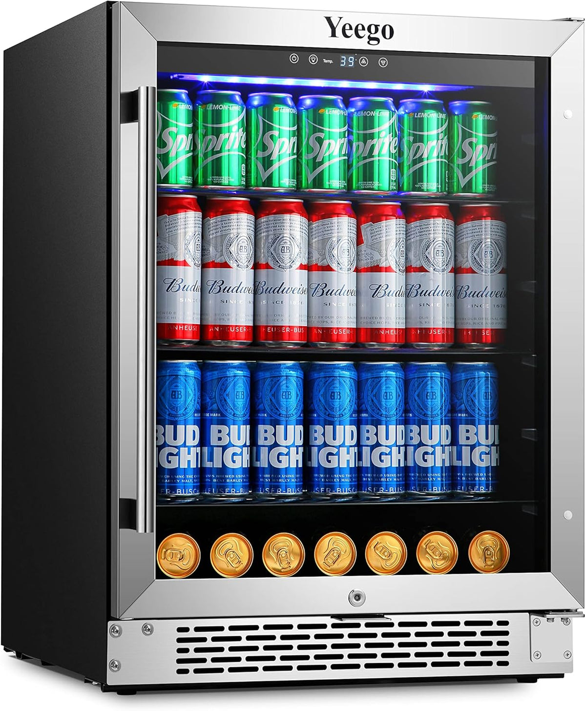 24'' 140 can Stainless Steel Beverage Refrigerator with Reversible Double-Layer Tempered Glass Door W509502
